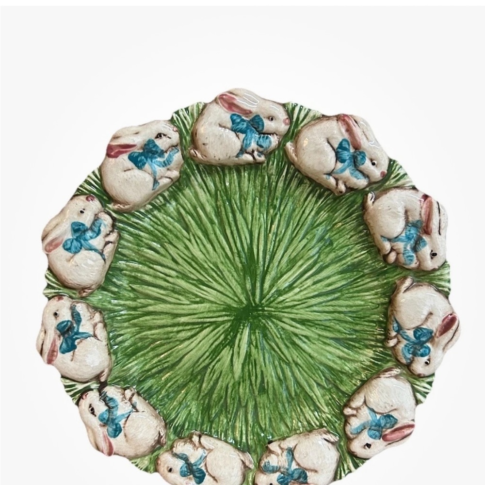 Vintage Easter Rabbit In Grass Plate Wall Hanging Pottery Handpainted
